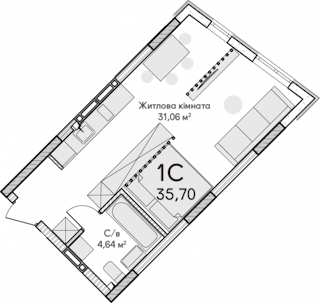 1-кімнатна  35.8м² номер - 29 зображення з ЖК Синергія Сіті