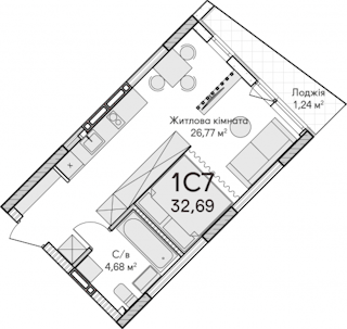 1-кімнатна  32.69м² номер - 89 зображення з ЖК Синергія Сіті