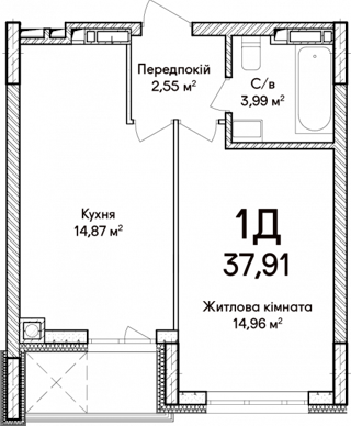 1-кімнатна  37.91м² номер - 55 зображення з ЖК Синергія Сіті