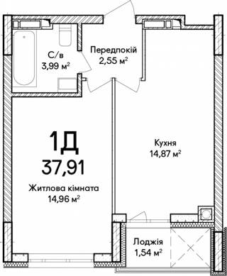 1-кімнатна  37.91м² номер - 7 зображення з ЖК Синергія Сіті