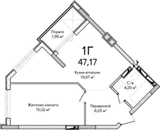 1-кімнатна  47.17м² номер - 38 зображення з ЖК Синергія Сіті