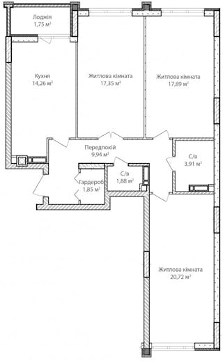 3-комнатная  90.8м² номер - 8 изображение с ЖК Синергія Сіті