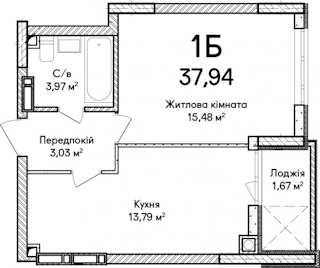 1-комнатная  37.94м² номер - 34 изображение с ЖК Синергія Сіті