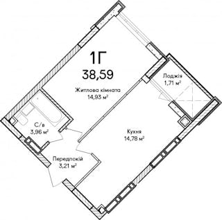 1-комнатная  38.59м² номер - 2 изображение с ЖК Синергія Сіті