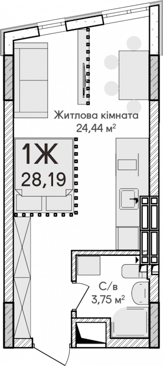 1-кімнатна  28.19м² номер - 8 зображення з ЖК Синергія Сіті