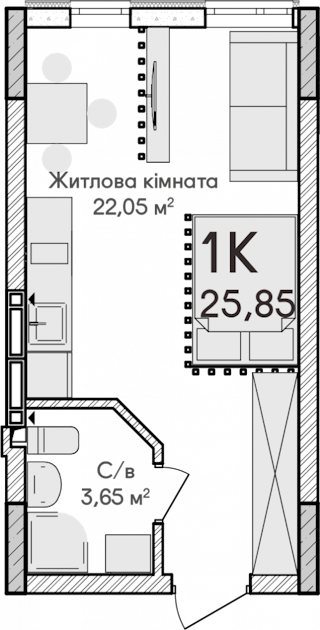 1-кімнатна  25.85м² номер - 9 зображення з ЖК Синергія Сіті