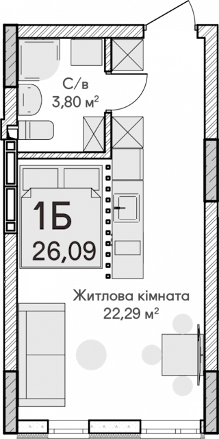 1-комнатная  26.09м² номер - 2 изображение с ЖК Синергія Сіті