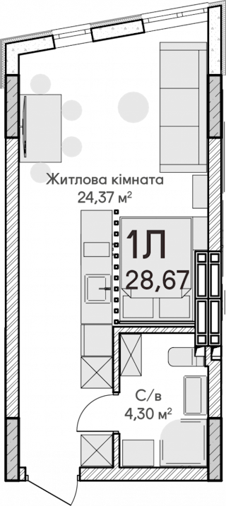 1-комнатная  28.67м² номер - 70 изображение с ЖК Синергія Сіті