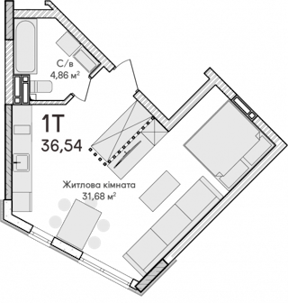 1-комнатная  36.54м² номер - 60 изображение с ЖК Синергія Сіті