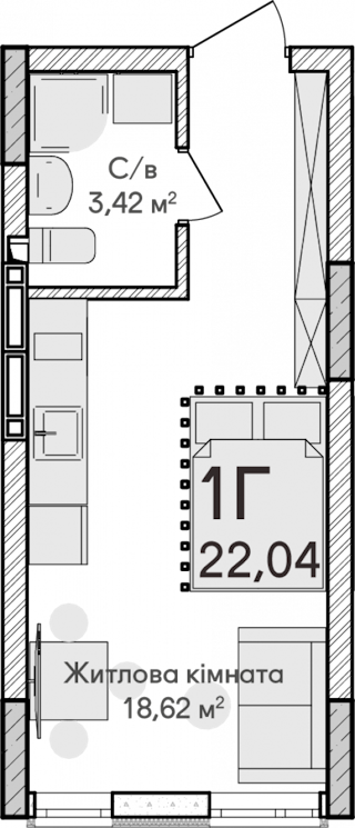 1-кімнатна  22.04м² номер - 4 зображення з ЖК Синергія Сіті
