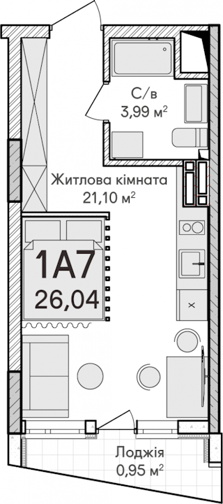 1-комнатная  26.04м² номер - 76 изображение с ЖК Синергія Сіті