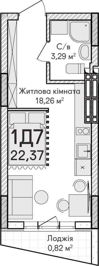 1-кімнатна  22.37м² номер - 80 зображення з ЖК Синергія Сіті