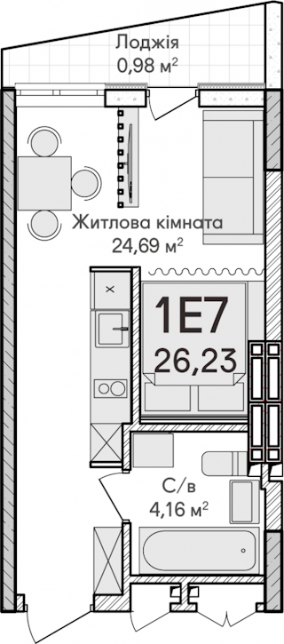 1-комнатная  26.23м² номер - 81 изображение с ЖК Синергія Сіті