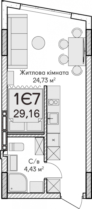 1-кімнатна  29.16м² номер - 82 зображення з ЖК Синергія Сіті