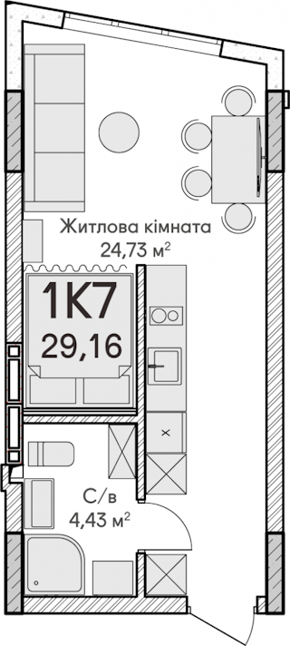 1-кімнатна  29.16м² номер - 84 зображення з ЖК Синергія Сіті