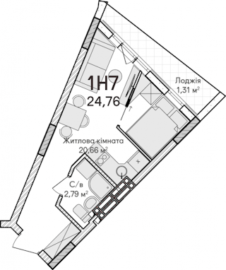 1-комнатная  24.74м² номер - 87 изображение с ЖК Синергія Сіті