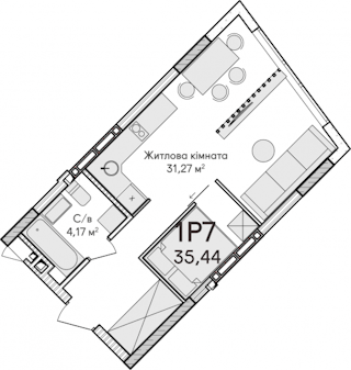 1-кімнатна  35.44м² номер - 88 зображення з ЖК Синергія Сіті