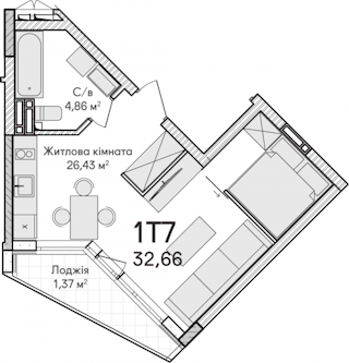 1-комнатная  32.66м² номер - 90 изображение с ЖК Синергія Сіті