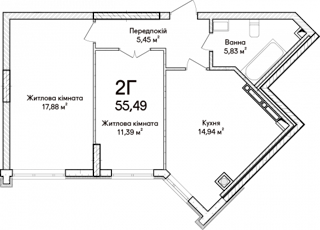 2-комнатная  55.49м² номер - 1 изображение с ЖК Синергія Сіті