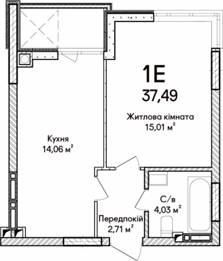 1-кімнатна  37.49м² номер - 32 зображення з ЖК Синергія Сіті