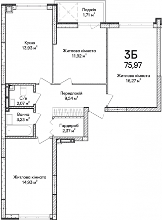 3-комнатная  75.89м² номер - 14 изображение с ЖК Синергія Сіті