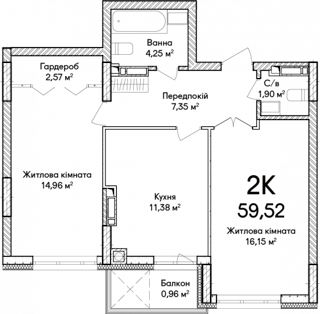 2-комнатная  59.52м² номер - 16 изображение с ЖК Синергія Сіті