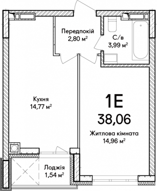 1-комнатная  38.06м² номер - 54 изображение с ЖК Синергія Сіті