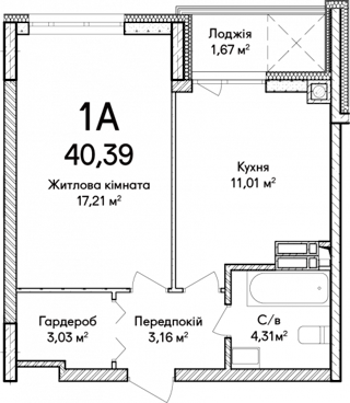 1-комнатная  40.39м² номер - 18 изображение с ЖК Синергія Сіті
