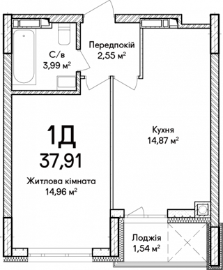 1-кімнатна  37.91м² номер - 64 зображення з ЖК Синергія Сіті