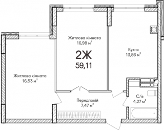 2-комнатная  59.11м² номер - 65 изображение с ЖК Синергія Сіті