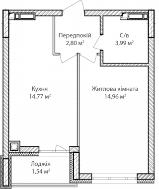 1-комнатная  38.06м² номер - 14 изображение с ЖК Синергія Сіті