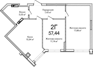 2-комнатная  57.44м² номер - 3 изображение с ЖК Синергія Сіті