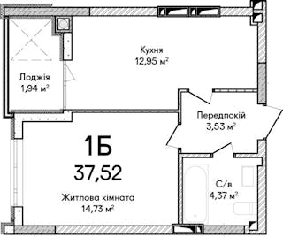 1-комнатная  37.52м² номер - 45 изображение с ЖК Синергія Сіті