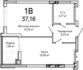 1-комнатная  37.16м² номер - 55 изображение с ЖК Синергія Сіті