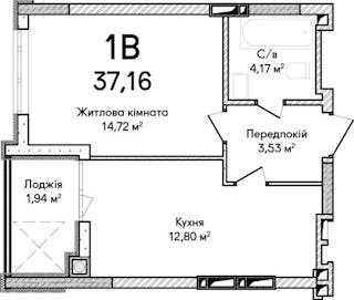 1-комнатная  37.16м² номер - 28 изображение с ЖК Синергія Сіті