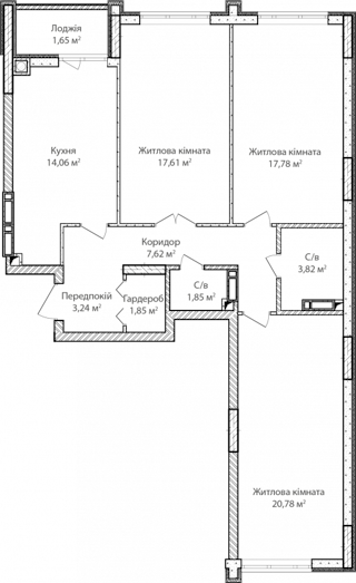 3-комнатная  91.4м² номер - 62 изображение с ЖК Синергія Сіті