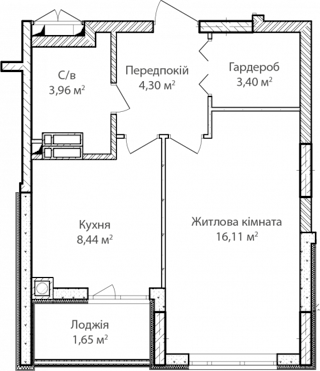1-кімнатна  38.7м² номер - 56 зображення з ЖК Синергія Сіті