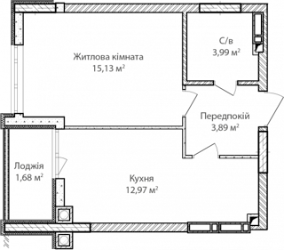 1-комнатная  39м² номер - 13 изображение с ЖК Синергія Сіті
